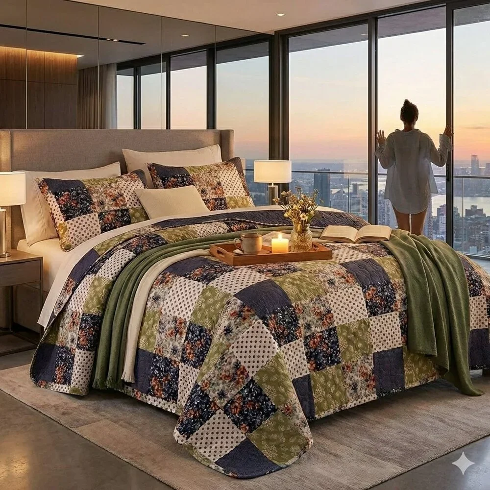 Printed Patchwork Quilt Set Embossed Quilted Bedspread 3 PC Floral Bedding Set